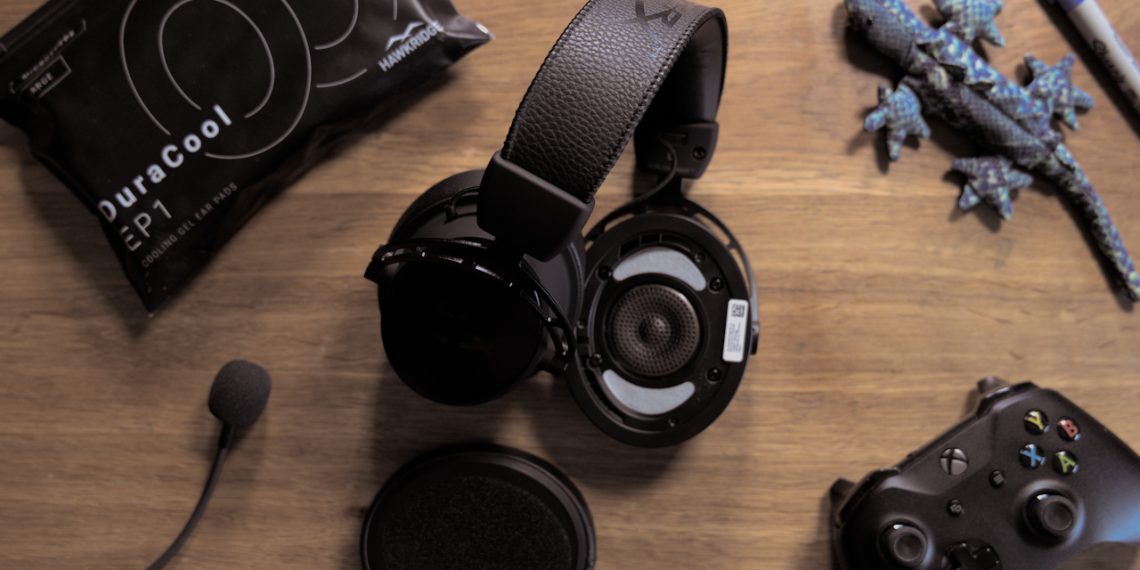 HyperX Cloud Alpha S on desk with Hawkridge replacement earpads